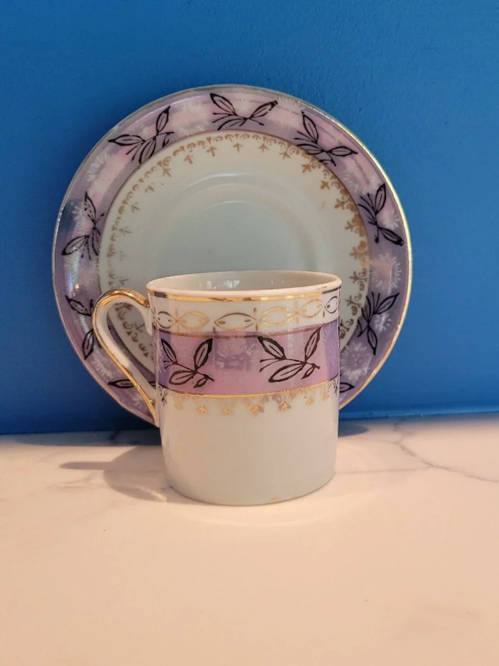 Vintage Lavender Porcelain Demitasse Espresso Cup & Saucer Set Gold Gilt